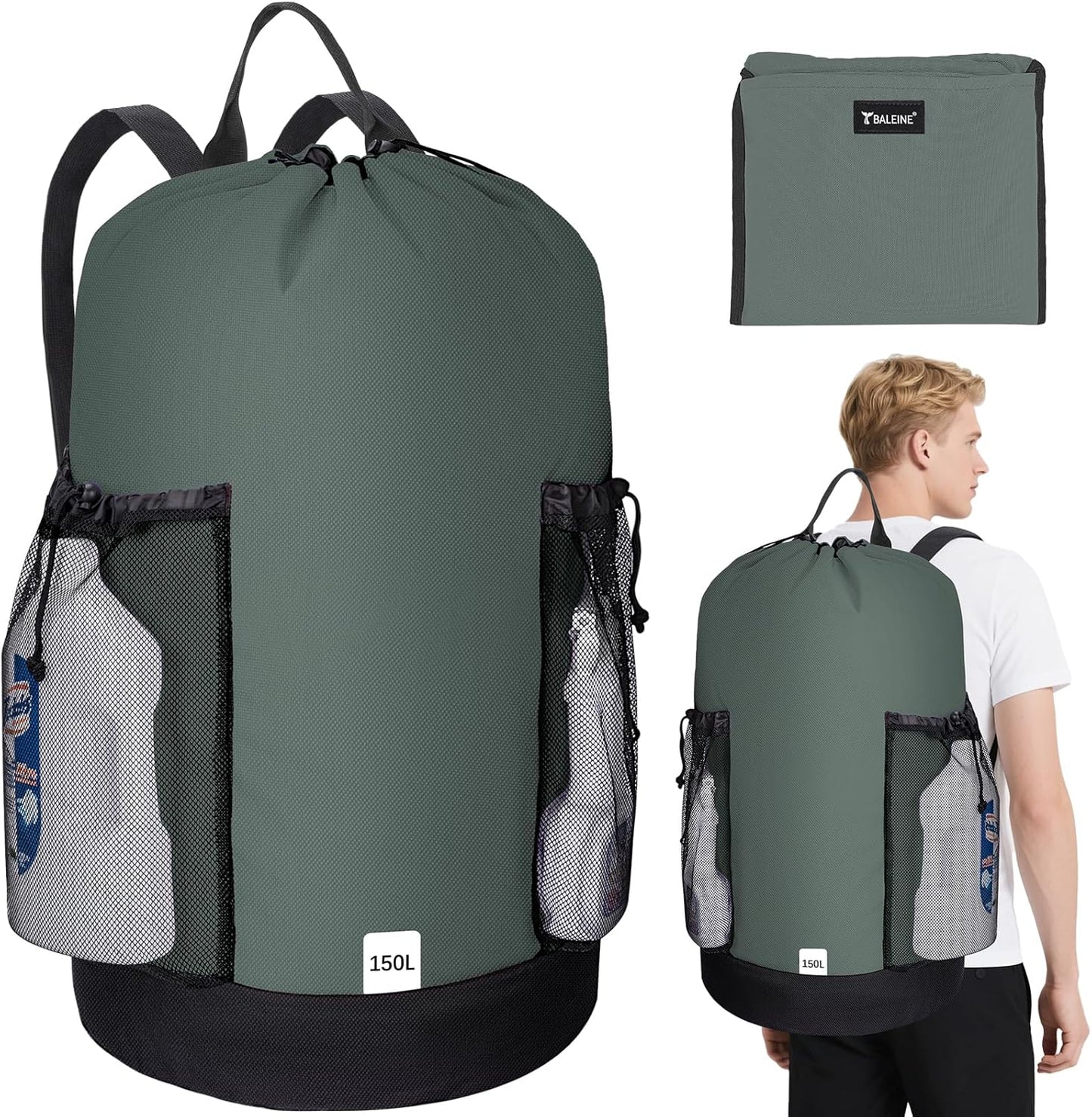 BALEINE 150L Laundry Bag Backpack, 900D Oxford Fabric Large Travel Laundry Bags with Shoulder Straps and 2 Mesh Pockets for College Dorm, Apartment, Laundromat (Dark Grey, 150L)