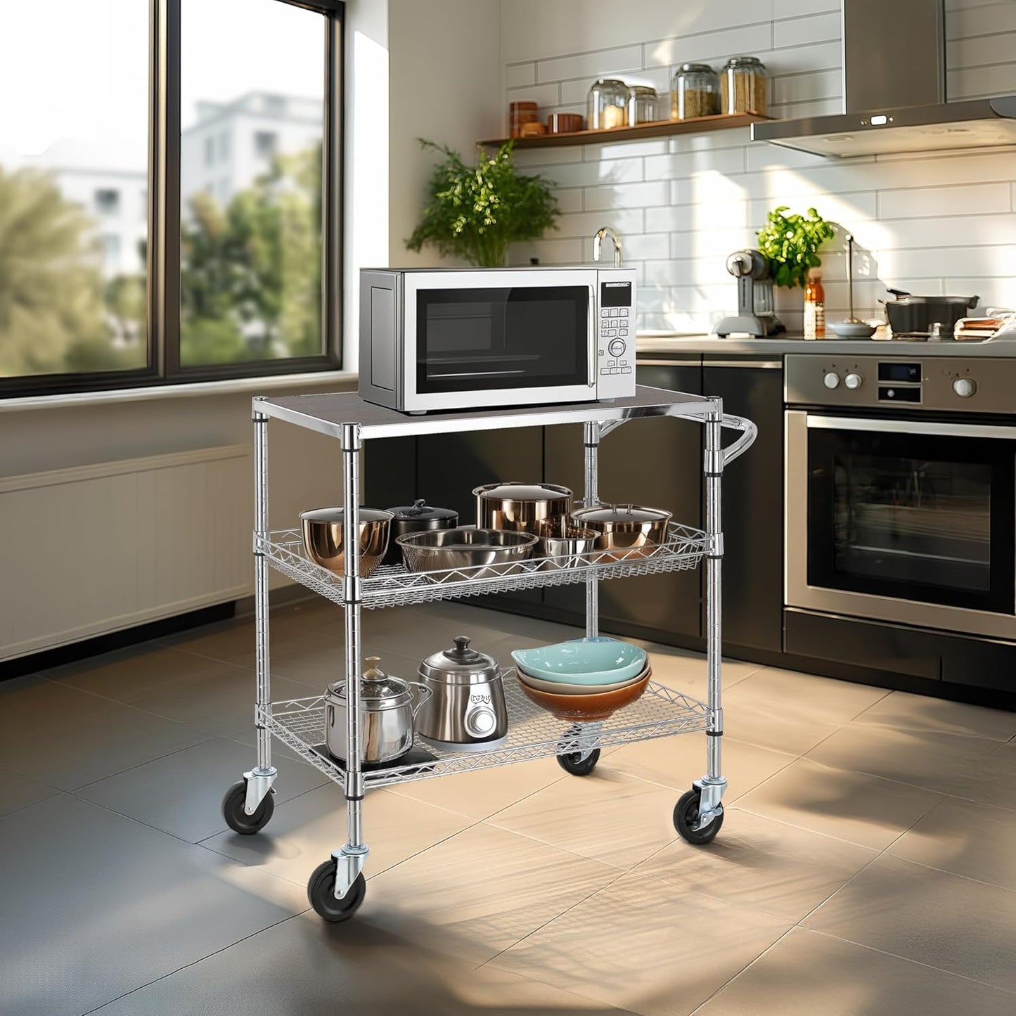 Finnhomy 3 Tier Heavy Duty Commercial Grade Utility Cart with Wood Top, Wire Rolling Cart with Wheels and Handle Bar, Kitchen Carts on Wheels, Metal Cart with 600 LBS Capacity, Chrome