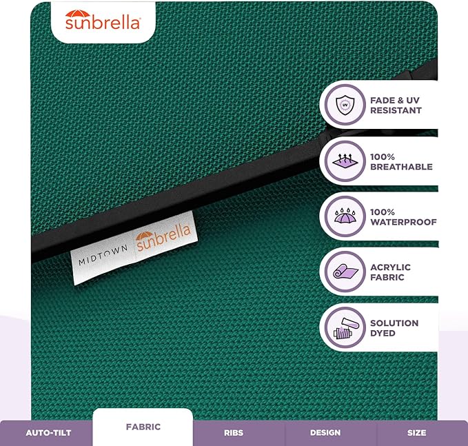 Midtown Umbrellas Sunbrella Umbrella 9 Feet Outdoor Umbrella With Canvas Teal Acrylic Fabric - Auto-Tilt Aluminum Frame Patio Umbrella For Backyard, Deck, Garden, Pool - Black Pole