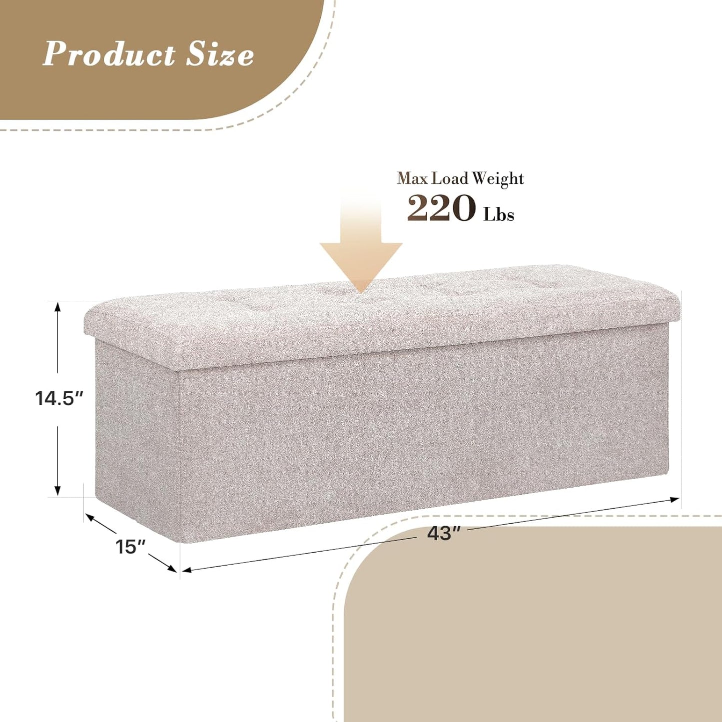 Athena Collection 43" Storage Ottoman Bench Folding Bench with 130L Hidden Storage, Large End of Bed Bench Linen Foot Rest Stool Chest with Flipping Lid for Living Room Bedroom Entryway, Sandy Beige