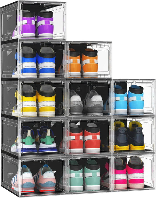 10 Pack Hard Sturdy Thickened Rigid XX Large Shoe Storage Organizer for Closet, Clear Stackable Sneaker Shoe Boxes Rack Containers Display Case Bins with Lids, Black Clear02