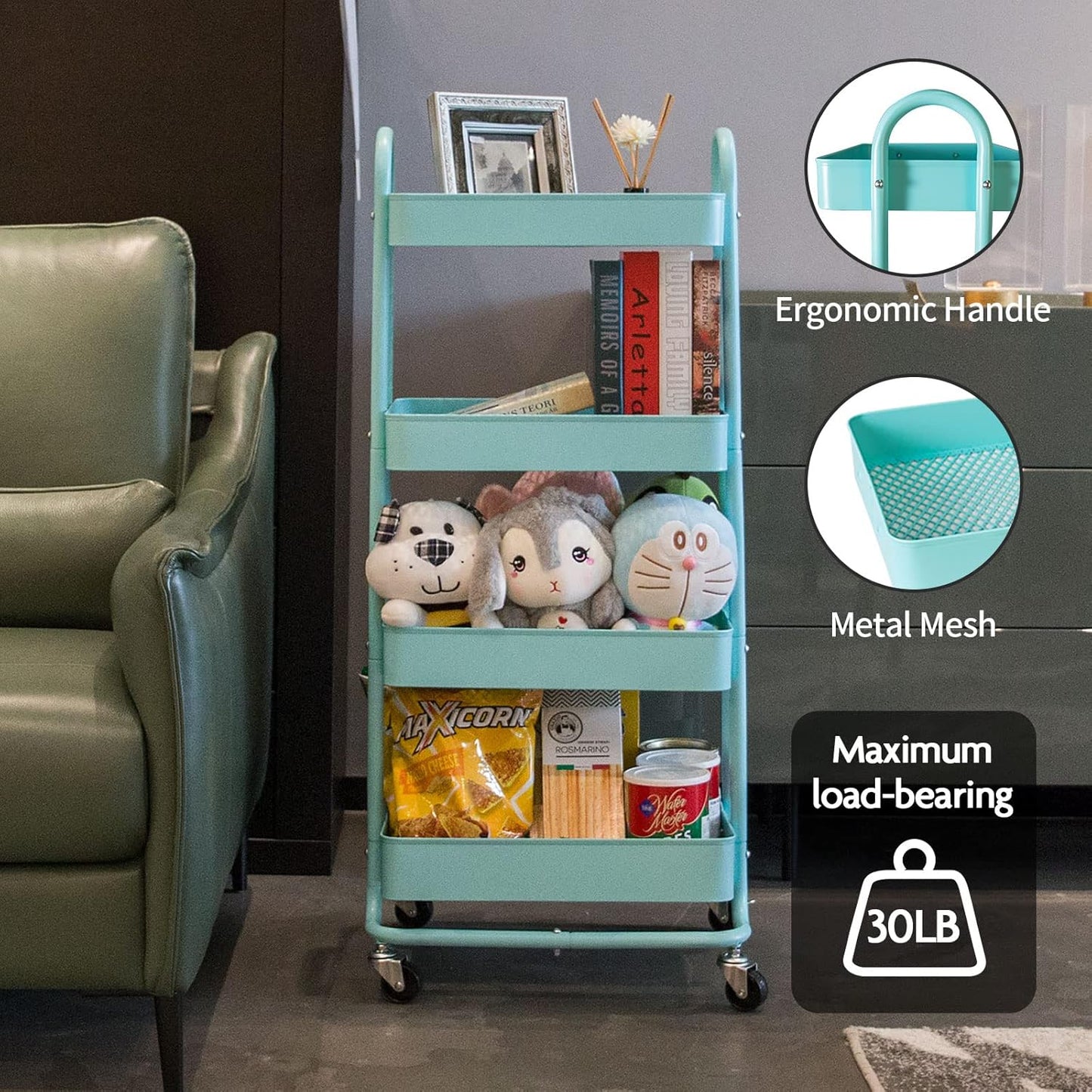 elabo 4-Tier Metal Mesh Utility Rolling Cart, Storage Organizer Trolley Services Cart with Lockable Wheels for Kitchen, Bathroom, Living Room (Blue)