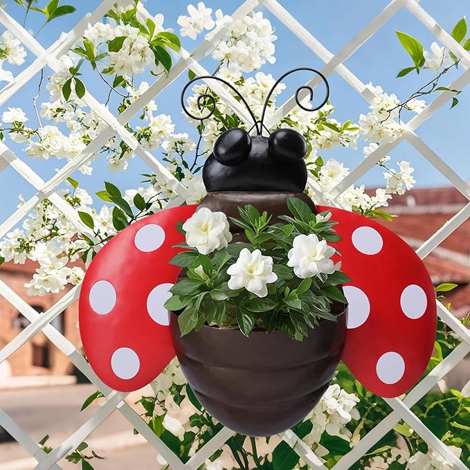 Metal Wall Planter Ladybug Wall Mounted Planters Small Flower Pot with Drainage for Indoor Outdoor Farmhouse Hanging Planter Succulent Plant Container Vertical Garden Yard Decor
