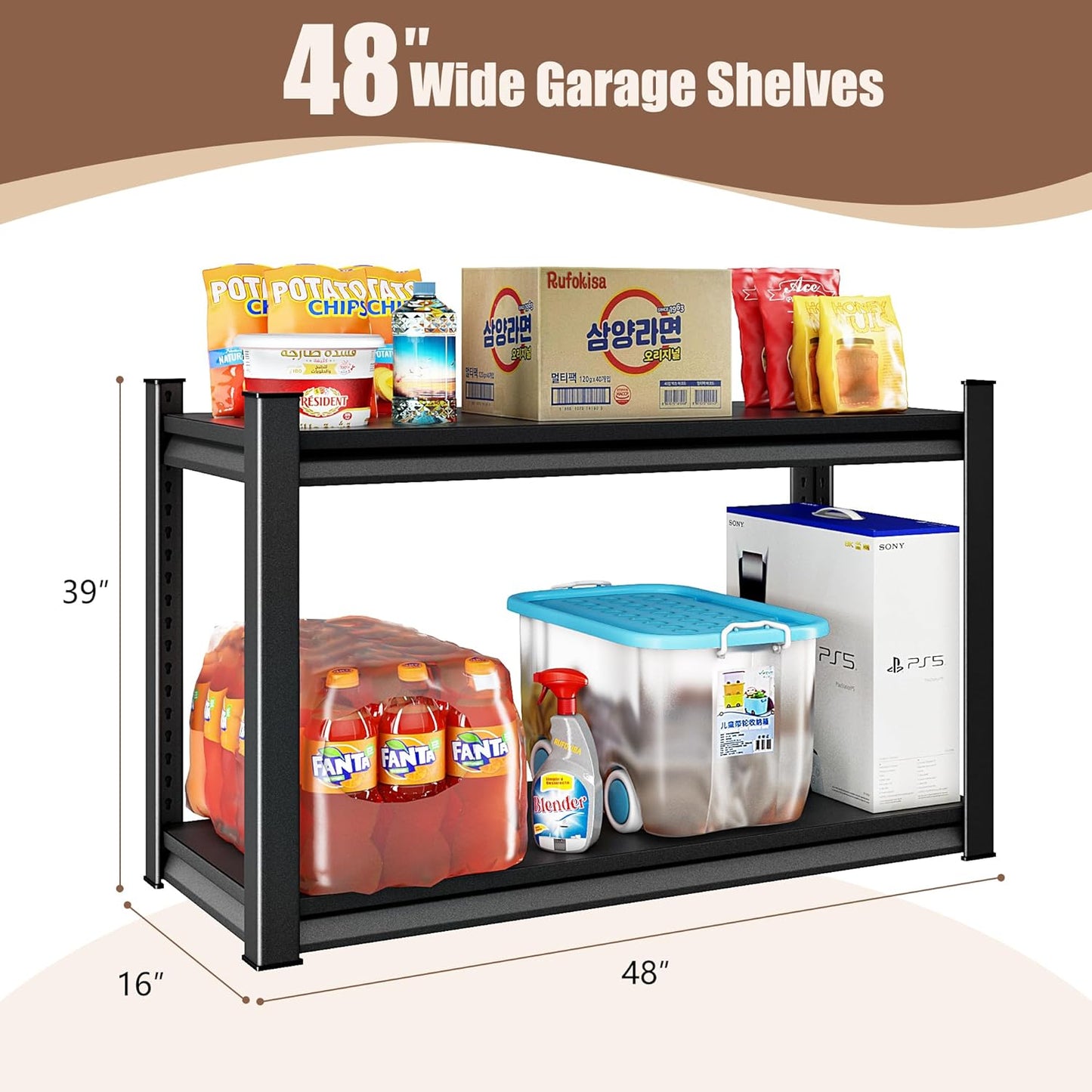 48" W 2-Tier Garage Shelving Heavy Duty, 1120LBS Loads Garage Storage Shelves, Metal Shelving Units and Storage Racks, Industrial Utility Shelf Heavy Duty,48" Wx16 Dx39 H, Black