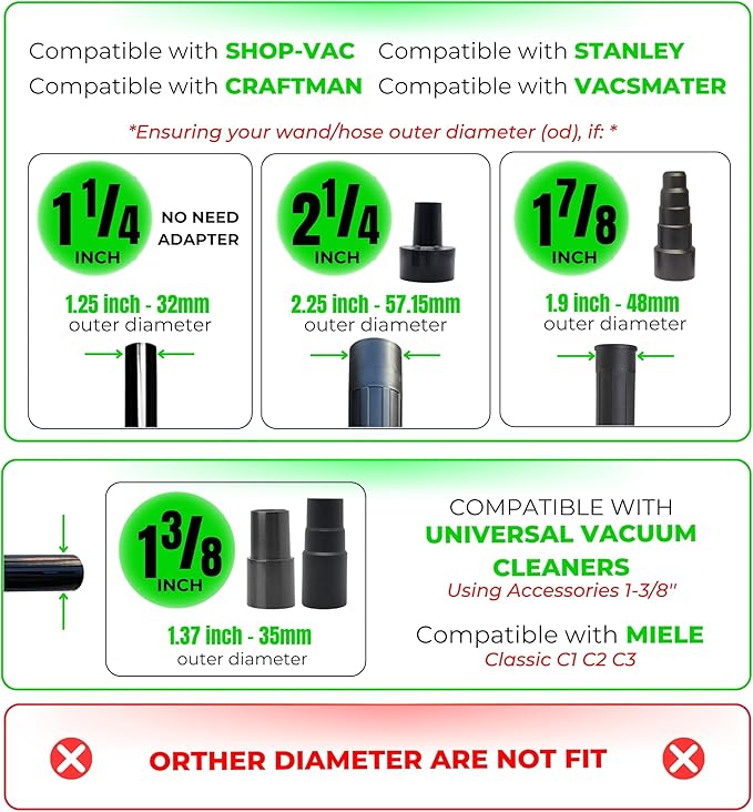 Replacement Vacuum Attachments & Brushes plus Universal Adapter Kit Compatible with Shop Vacs 2-1/4'' 1-7/8'' 1-3/8'' 1-1/4 Inch- Flexible Vacuum Crevice Attachment Tool for Shop Vac Accessories