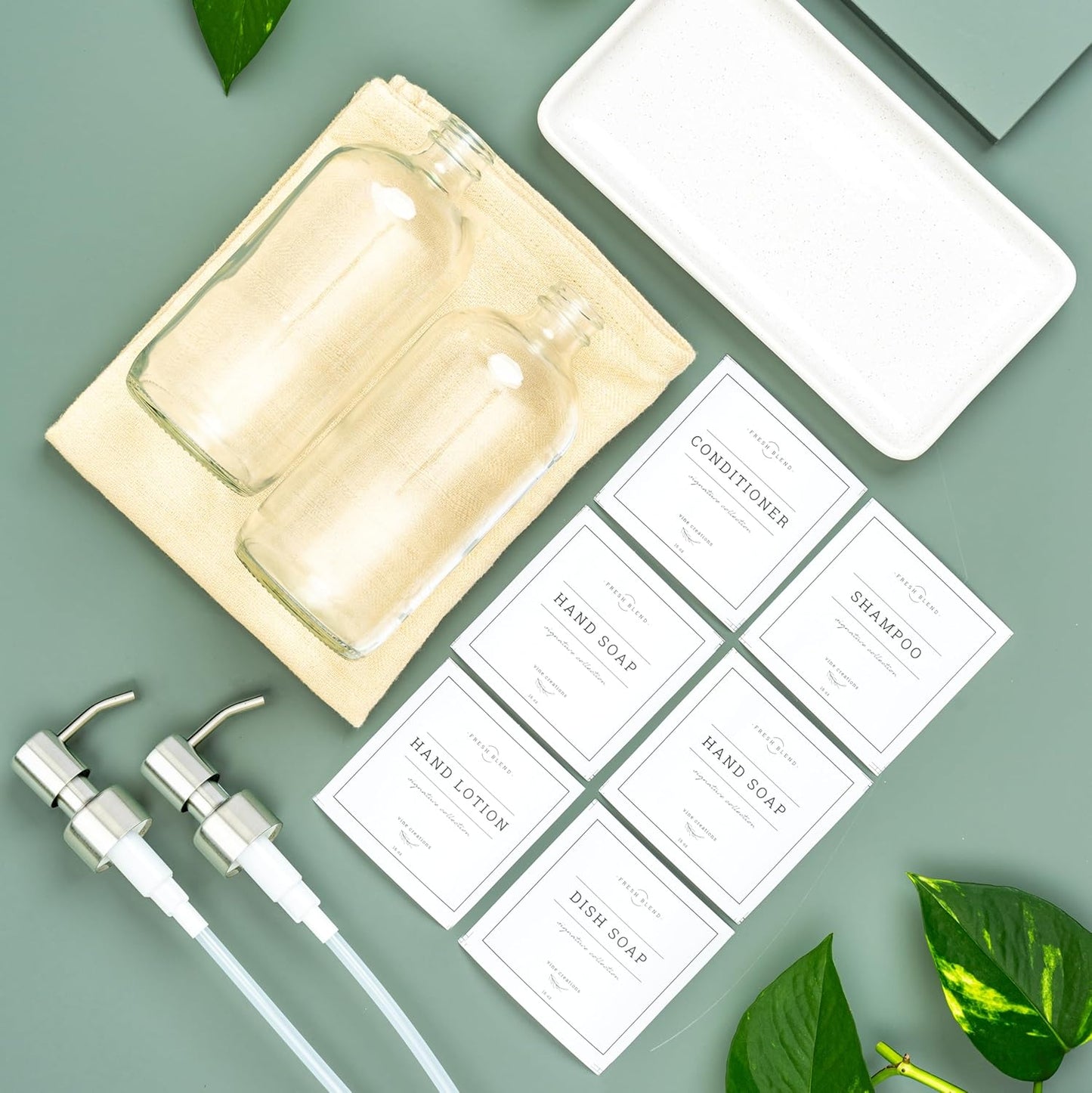 Vine Creations Glass Soap Dispenser, 2 Pack Kitchen Soap Dispenser Set with Ceramic Tray, Stainless Steel Pump, Dish Soap Dispenser for Kitchen, Hand Soap Dispenser Bathroom with Waterproof Labels