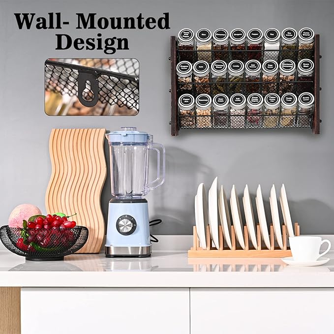 Spice Rack Organizer for Cabinet, Spice Organizer with 24 Empty Spice Jars, 180 Spice Labels, Wooden Spice Jar Organizer, Seasoning Organizer for Cabinet Kitchen, Pantry, Countertop or Wall Mount