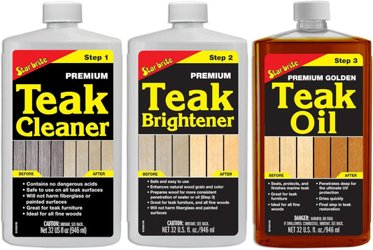 STAR BRITE Teak Kit - Restore Decks, Patio, Outdoor Furniture, Boats & Fine Wood - Marine Grade Teak Cleaner & Brightener Set With Premium Golden Teak Oil Finish - Renew, Refinish & Protect (081202)