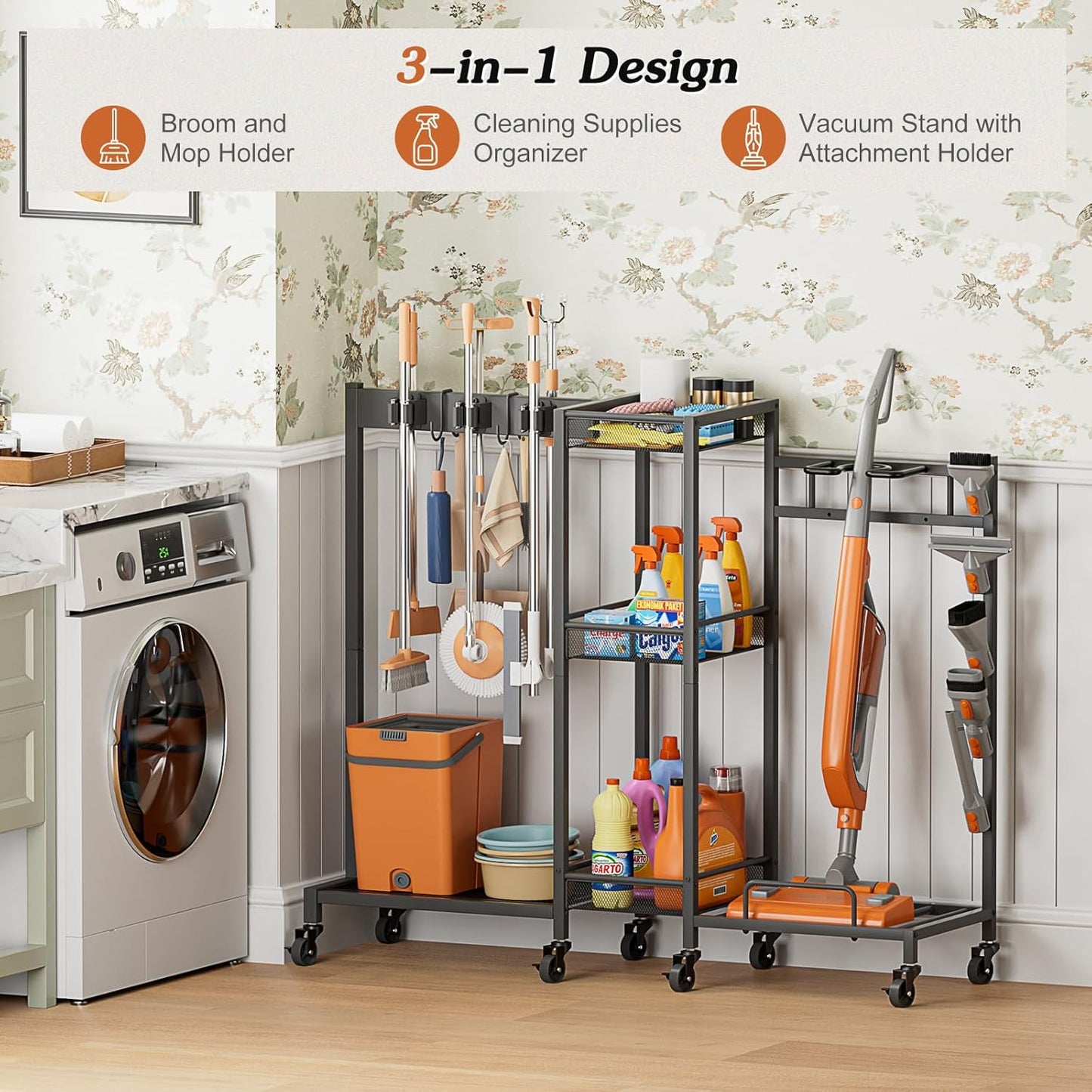 Broom Holder with Cleaning Supplies Organizer, Broom Closet Storage Cabinet with Cleaning Caddy Vacuum Stand, Cleaning Cart with Mop Hanger Gripper Rack Hook, Laundry Room Organization Home Essentials