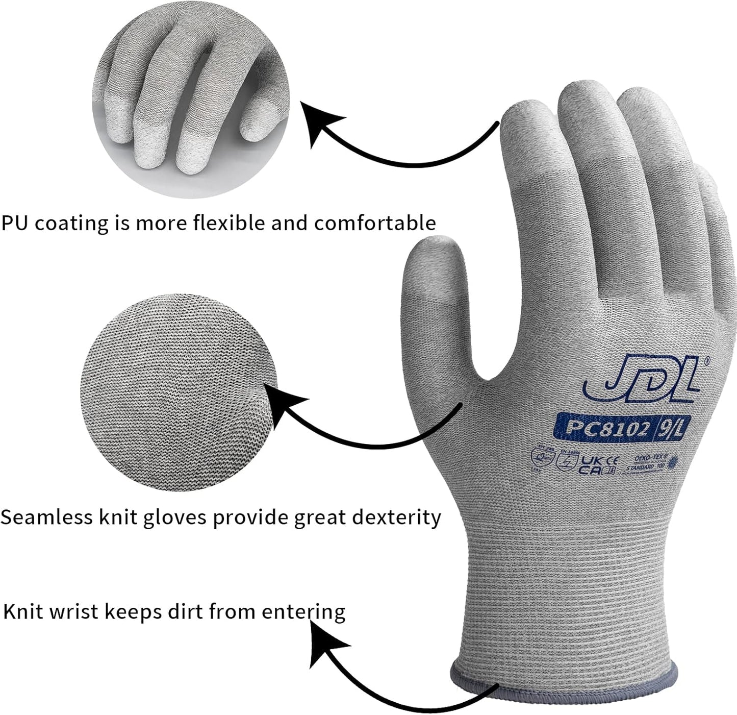 JDL ESD Work Gloves, Anti-Static Gloves for PC Building, 6 pairs, Computer Installation & Repair, High Resistance Carbon Fiber Gloves, Large