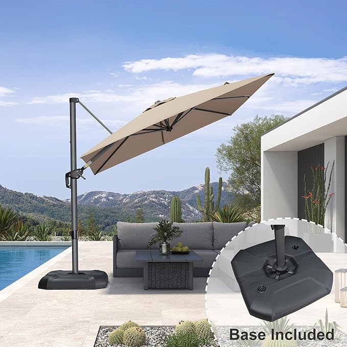 PURPLE LEAF 8 Feet Outdoor Square Cantilever Umbrella Patio Umbrella with Base Aluminum Offset Umbrella with 360-degree Rotation for Garden Deck Pool Patio Taupe