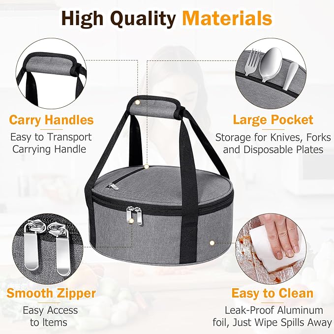 Round Insulated Casserole Carrier, Pie Carrier Bag, Portable Casserole Carrier for Hot or Cold Food Lunch Tote, Lunch Bag for Parties Picnic, Fits 12.5" Baking Dish, Grey