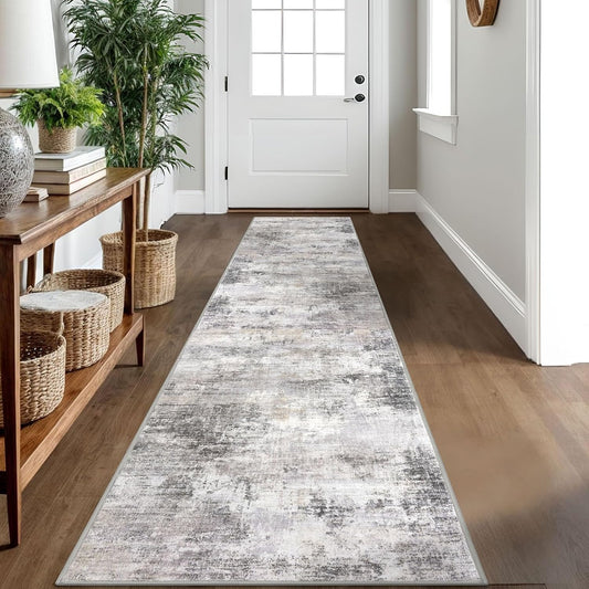 IOHOUZE Abstract Runner Rug 2x10 Ft Washable Runners for Hallways, Non Slip Kitchen Runner Printed Faux Wool Entryway Runner Indoor, Modern Abstract Floor Carpet for Hall Kitchen, Grey Beige