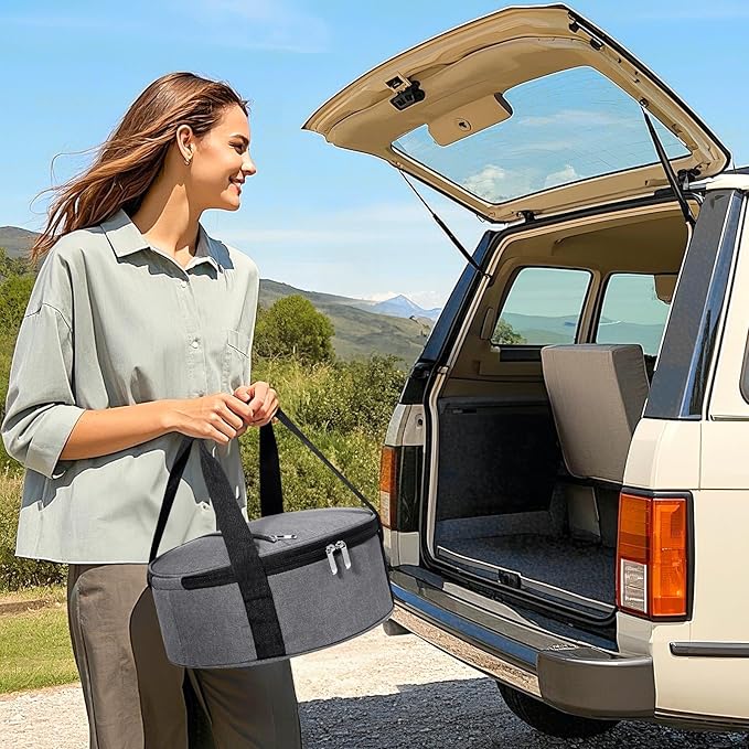 Round Insulated Casserole Carrier, Pie Carrier Bag, Portable Casserole Carrier for Hot or Cold Food Lunch Tote, Lunch Bag for Parties Picnic, Fits 12.5" Baking Dish, Grey