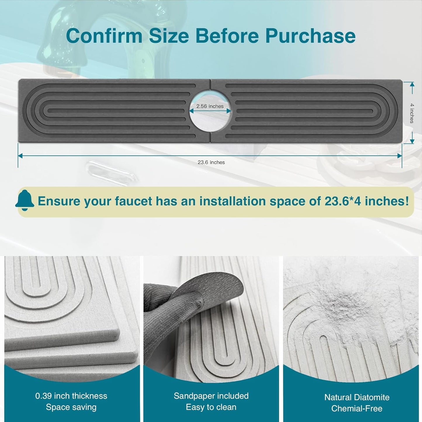 Stone Drying Mat for Kitchen Counter, Faucet Mat for Kitchen Sink, Diatomite Quick Drying Tray, Faucet Splash Guard for Bathroom Counter, Kitchen Drying Mat (DARK GREY, 23.6 * 4")