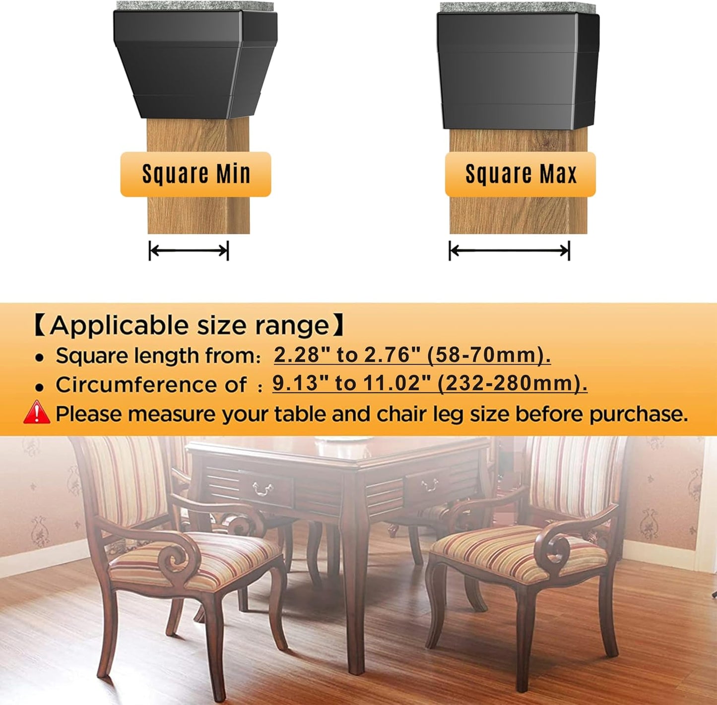 Square Chair Leg Protectors for Hardwood Floors,16 Pcs Silicone Felt Furniture Legs Caps to Prevent Floor from Scratches and Reduce Noise, Easy to Move,（Fit: 2.25" -2.75" Black）.