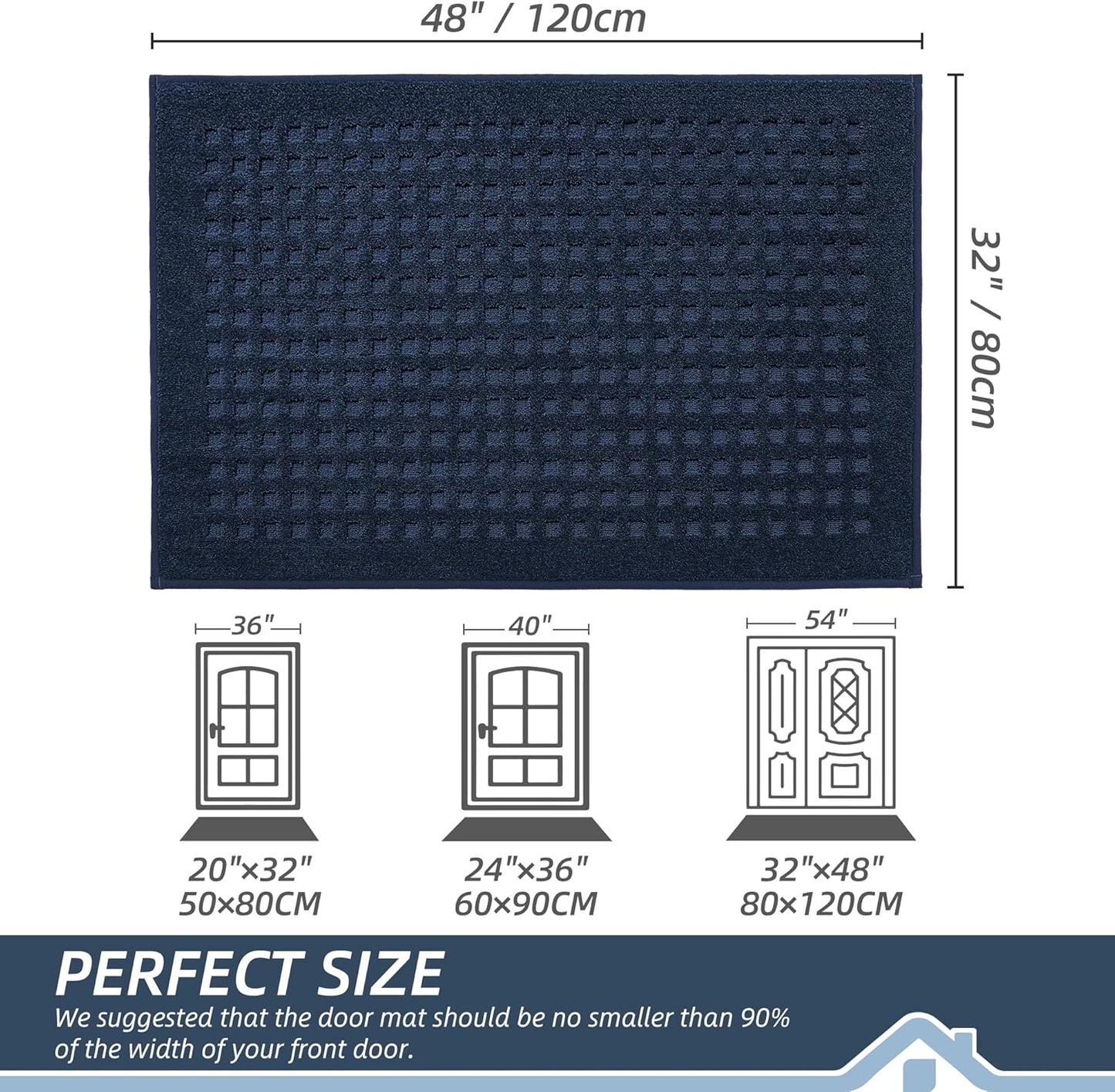 BEQHAUSE Waffle Door Mats Indoor 32"x48", Dog Mat for Muddy Paws Absorbent and Dirt Resist Floor Mats Non-Slip Washable Rugs for Entryway, Welcome Mat for Front Back Door, Muddy Wet Shoes, Navy Blue