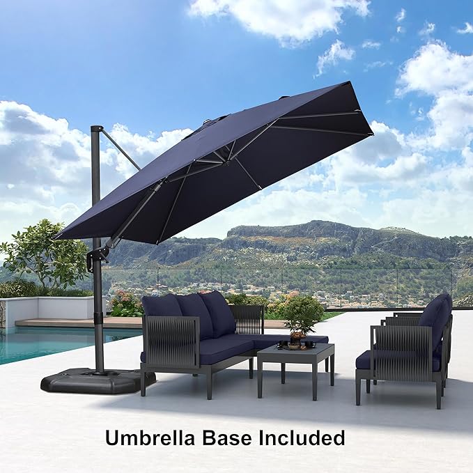 PURPLE LEAF 9.8' X 9.8' Tilting Patio Umbrella with Base Outdoor Cantilever Swivel Square Umbrella with Tilt Aluminum Offset Umbrella with 360-degree Rotation for Garden Deck Pool Patio Navy
