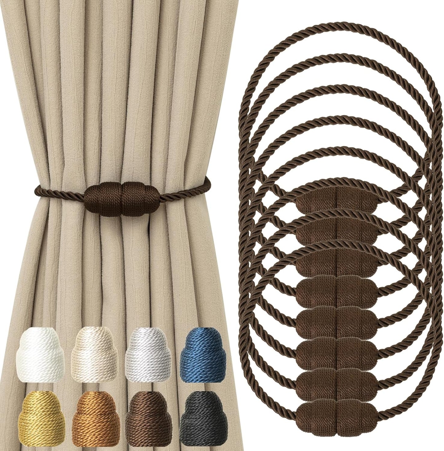 Magnetic Curtain Tiebacks Rope Curtain Tie Backs for Curtains 8 Pack Curtain Holders for Drapes Decorative Window Curtain Holdbacks, Coffee