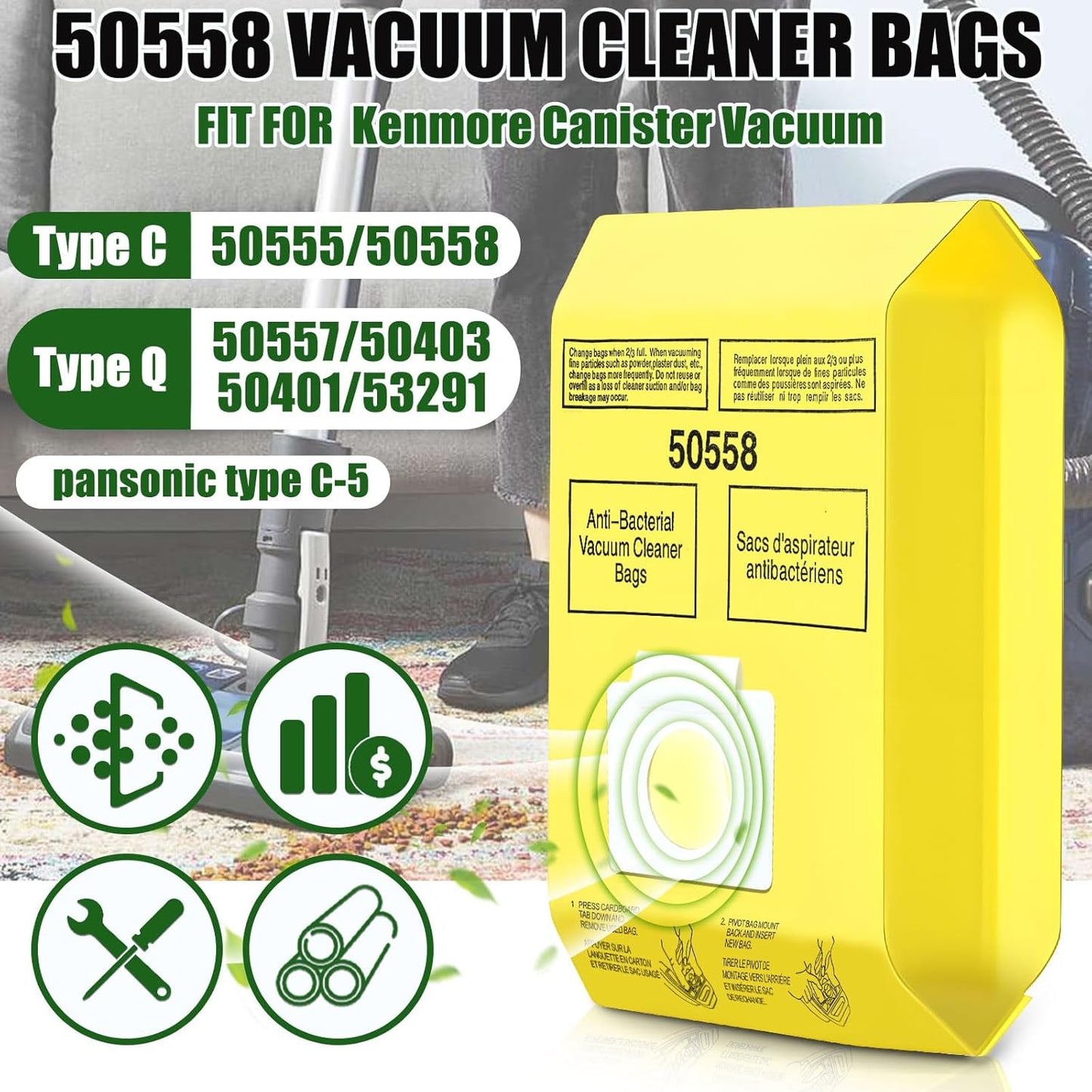 50 Pack Vacuum Cleaner Bags Fit for Kenmore Canister Type C/Q 5055 50555 50557 50558 and Pana·sonic Type C-5 C-18, 200 Series, 400 Series, 600 Series, 700 Series, 800 Series (50 Pack)