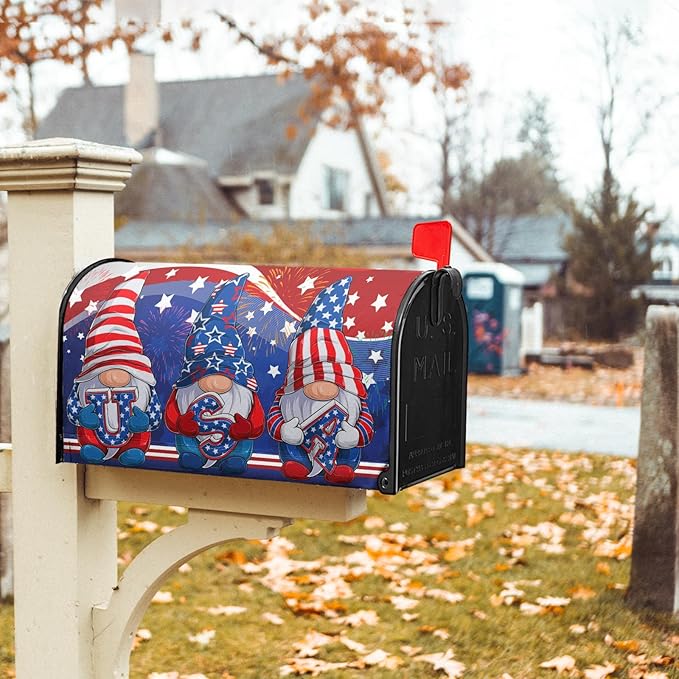 Patriotic Gnomes USA Flag Mailbox Cover Independence Day July 4th Mailbox Covers Oversize 25.5"" x 21"" Happy Holiday Waterproof Post Box Cover Wraps for Outdoor Garden Yard Home Decor