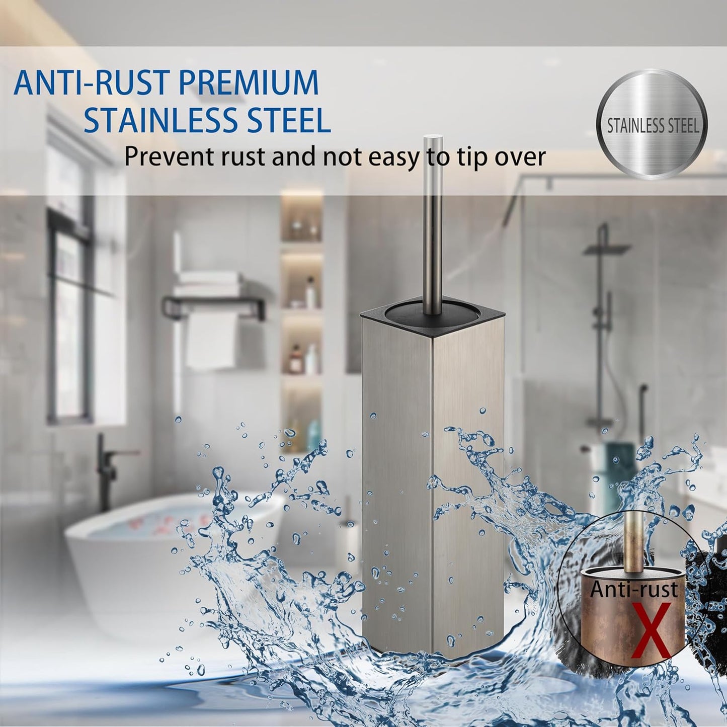 BGL Square Toilet Brush with Holder,Stainless Steel Rubber Painted Toilet Bowl Brush and Holder for Bathroom,2 Cleaner Brush Heads,Brushed Nickel