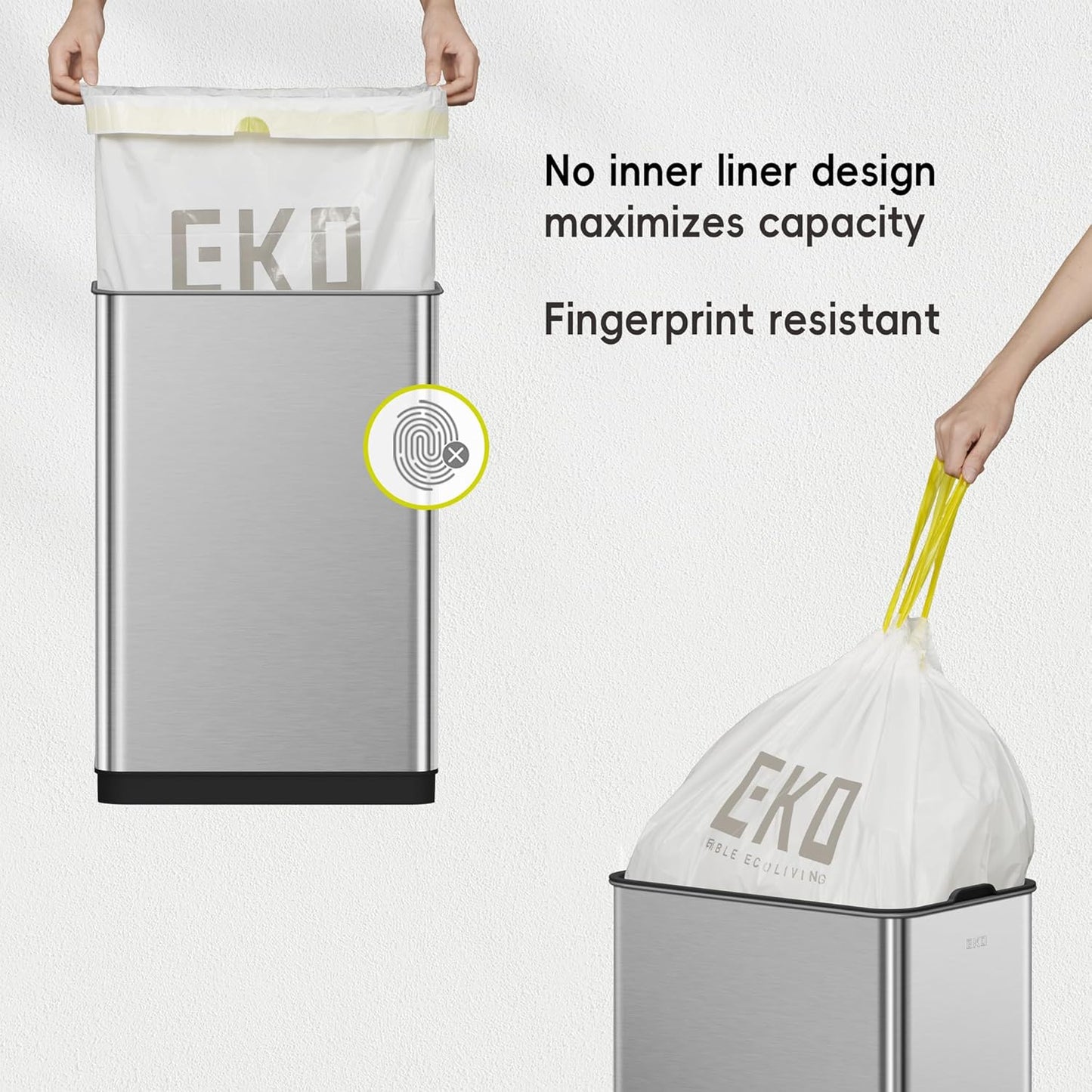 EKO Phantom-T 50 Liter / 13.2 Gallon Vertical Motion Sensor Trash Can, Brushed Stainless Steel Finish
