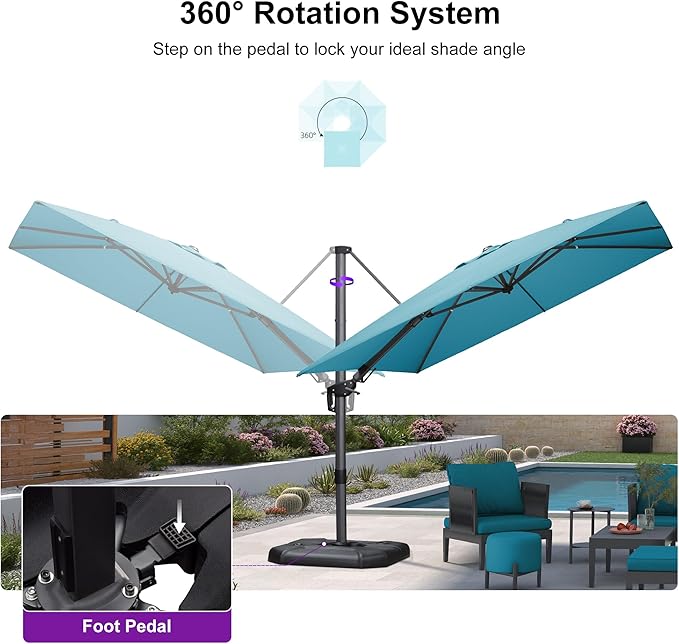PURPLE LEAF 9' X 12' Right-left Tilt Patio Umbrella with Base Outdoor Cantilever Swivel Rectangle Umbrella Aluminum Offset Umbrella with 360-degree Rotation for Garden Deck Pool Patio Turquoise Blue