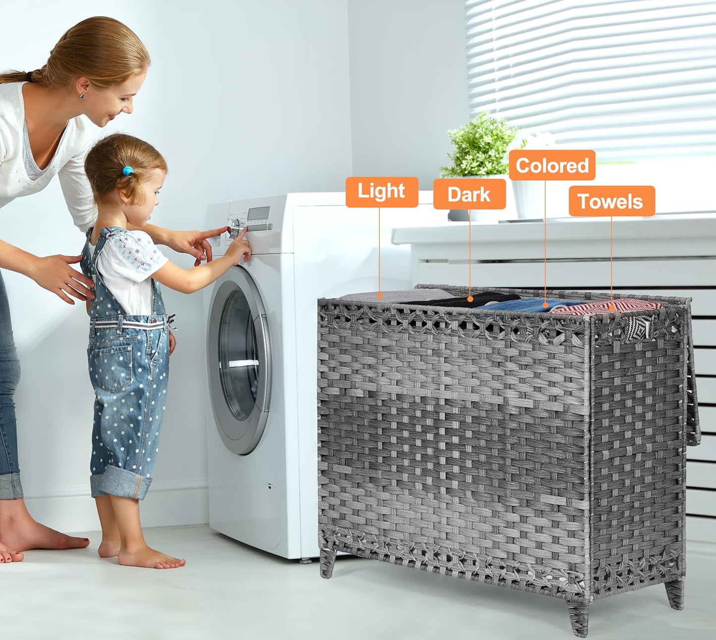 Laundry Hamper with 4 Removable Liner Bags; 176L Handwoven Rattan Laundry Basket with Lid & Heightened Feet; Clothes Hamper with Side Handles(Gray)