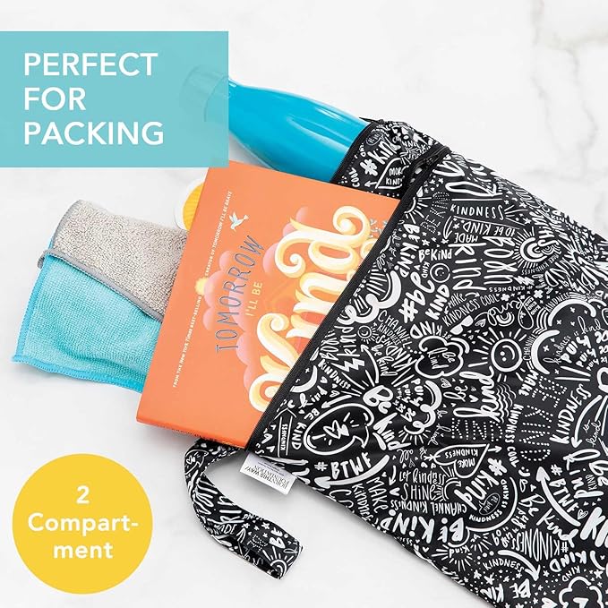 Bumkins Waterproof Wet Dry Bag for Baby, Travel, Swim Suit, Cloth Diapers, Pump Parts, Pool, Beach, Gym Clothes, Toiletry, Hook to Stroller, Daycare, Zipper Reusable Wetdry Packing Pouch, Be Kind