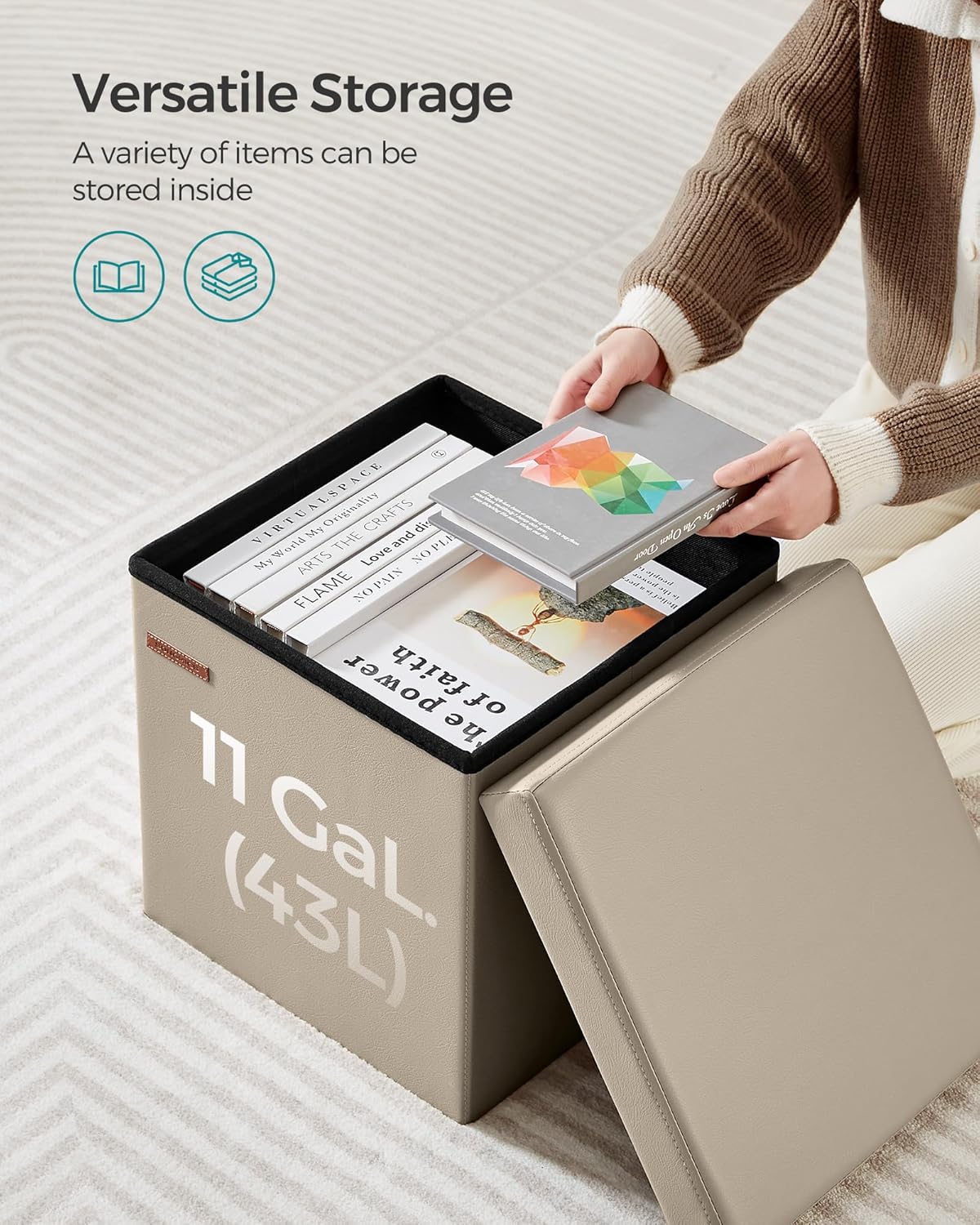 SONGMICS Mazie Collection - 15 Inches Ottoman with Storage, Footstool, Storage Ottoman, Load 660 lb, for Dorm, Living Room, Bedroom, Synthetic Leather, Camel Brown ULSF010K03