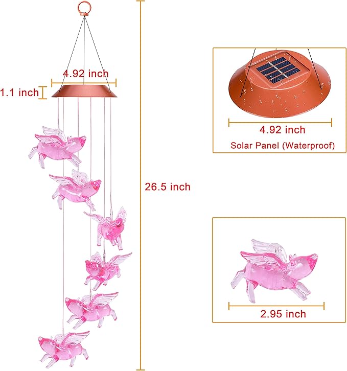 ME9UE Solar Fly Pigs Wind Chimes, Outdoor Waterproof Mobile Romantic LED Multi Color-Changing Solar Sensor Powered Lights for Home, Yard, Night Garden, Party, Valentines Gift, Festival Decor