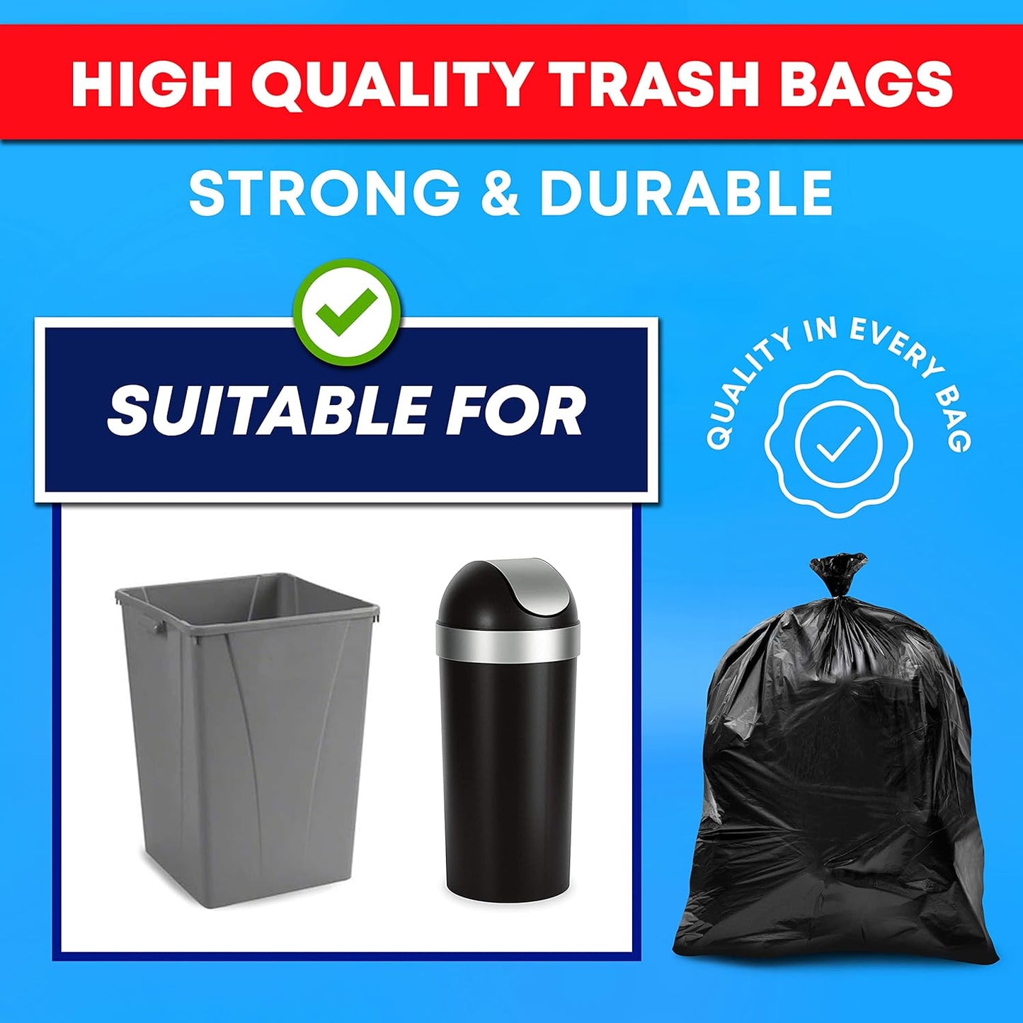 Tasker 30-33 Gallon Trash Bags Heavy Duty (MegaValue Pack 250 Count) Large Black Garbage Bags 30 Gallon - 32 Gallon - 33 Gallon- 35 Gallon. High Density Bags