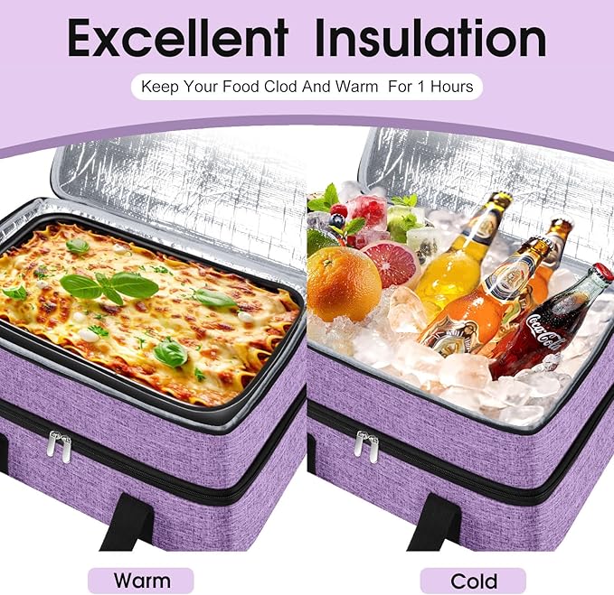 Double Insulated Casserole Carrier, Portable Casserole Carrier for Hot or Cold Food Lunch Tote Warmer or Cooler Bag, Lasagna Lunch Bag for Potluck Parties- Fits 9" x 13" Baking Dish-Purple