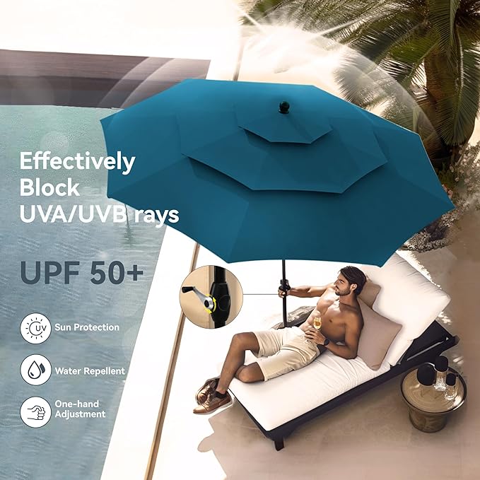 PHI VILLA 10ft Outdoor Patio Umbrellas for Outside, 3 Tier Vented Market Table Umbrella Windproof for Backyard, Deck, Garden, 1.5" Pole, Cyan（No Base）