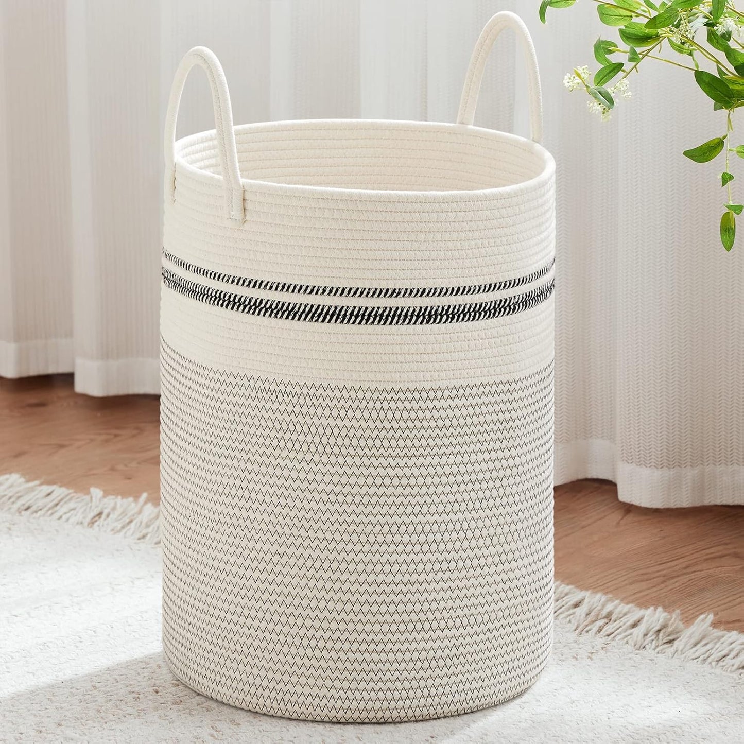 VIPOSCO Large Laundry Hamper, Tall Woven Rope Storage Basket for Blanket, Toys, Dirty Clothes in Living Room, Bathroom, Bedroom - 100L Stripe White