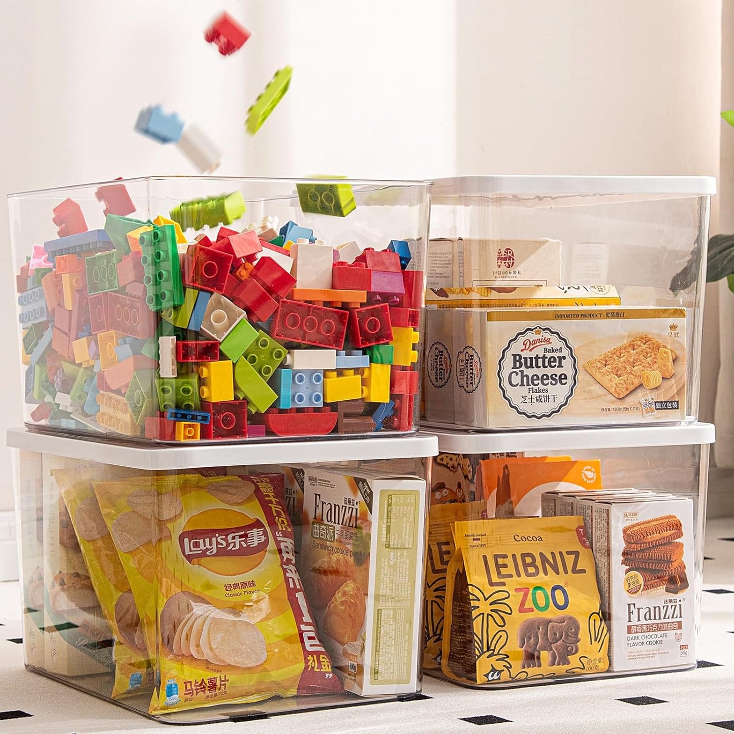 Clear plastic storage bins with LIDS-4packs,storage containers for snacks, cosmetics, books, dog food, Storage Organizer for Nursery，Kitchen, Living room,Bedroom, Bathroom, Office (Clear-White Lid)