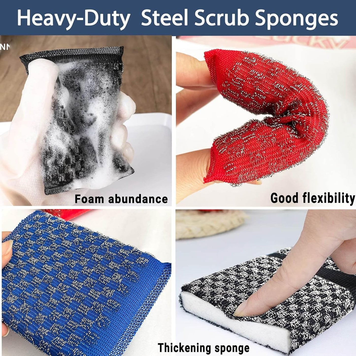 Steel Wool Scrubbers Dish Kitchen Sponges Heavy-Duty Kitchen Steel Scrub Sponges,Multi-Functional Stubborn Stain Fast Cleaning Scrubber(6 Pack)
