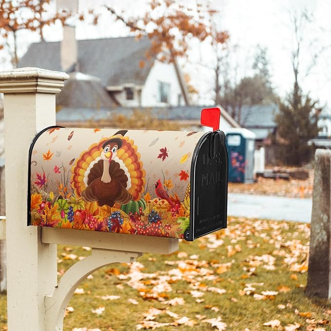 Thanksgiving Turkey Mailbox Covers Magnetic Standard Size 25.5" X 21" Fall Harvest Fruit Letter Post Wraps Cardinal Maple Leaves Decorative Holiday Postbox Covers for Home Outdoor Garden Yard