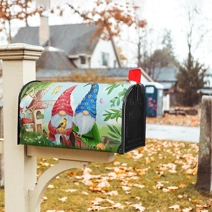 Sweet Gnome Mailbox Covers Magnetic Spring Gnomes Decorative Mailboxes Wraps Post Letter Box Cover Standard Large Size 25.5 x 21 Inch for Outdoor Garden Yard Home Decor Outside