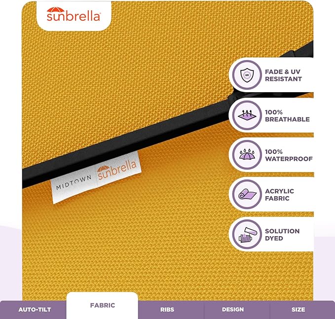 Midtown Umbrellas Sunbrella Umbrella 8 Feet Outdoor Umbrella With Sunbrella Yellow Acrylic Fabric - Auto-Tilt Aluminum Frame Patio Umbrella For Backyard, Deck, Garden, Pool - Black Pole