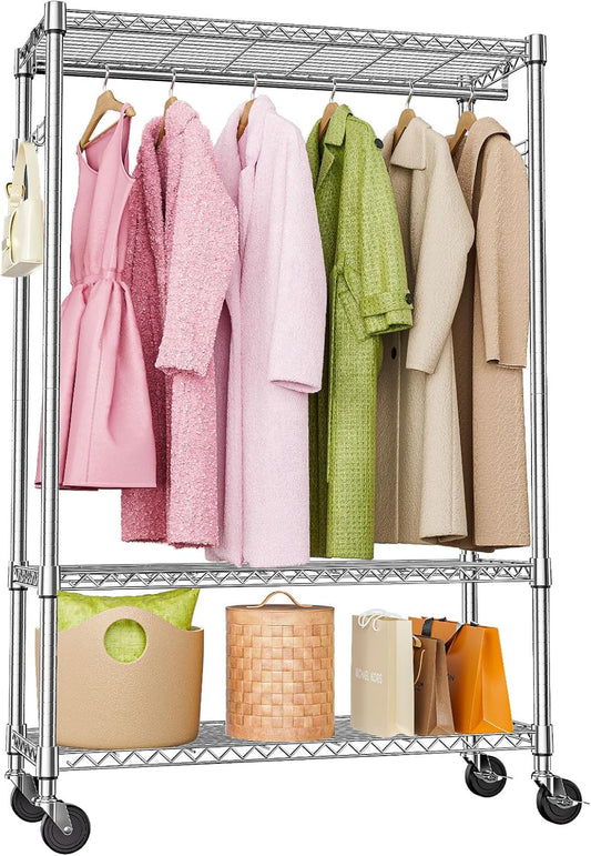 Heavy Duty Rolling Garment Rack 3 Tiers Adjustable Wire Shelving Clothes Rack with 1 Rods and Side Hooks,Storage Closet Clothing Rack with Wheels Chrome 15.7" D x 45.3" W x 75.6" H