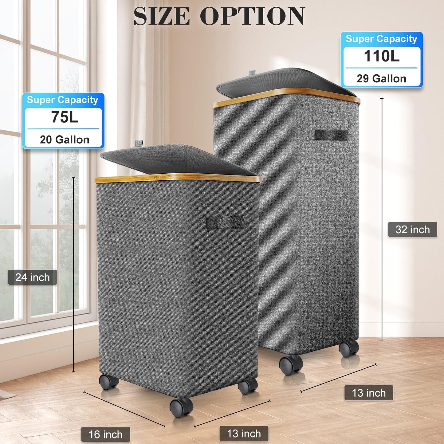 Laundry Hamper with Wheels,29 Gal (110L) Laundry Basket with lid Rolling Clothes Hamper Foldable Dirty Clothes Basket on wheels with Bamboo Frame and Bag for Bedroom, Dorm, Laundry Room-Grey