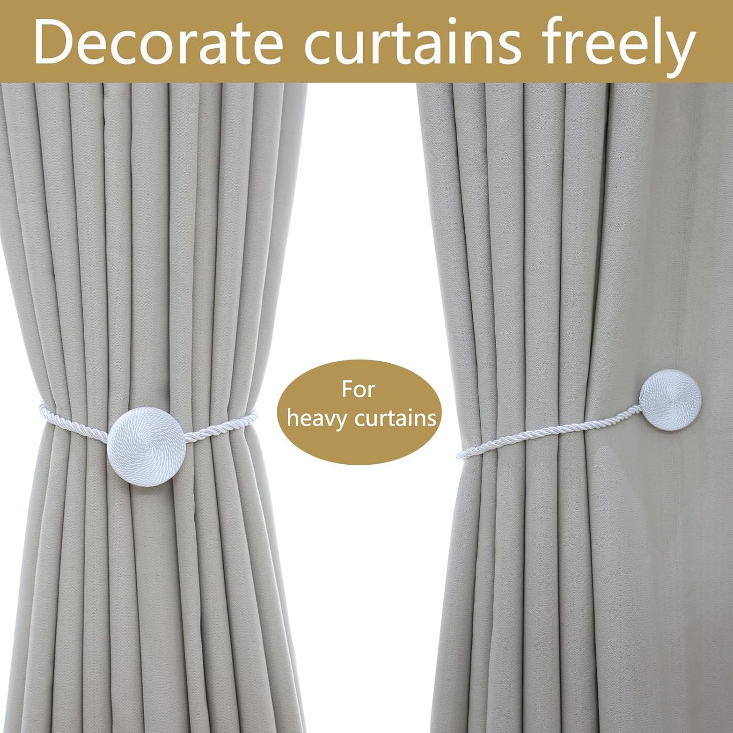 Magnetic Curtain Tiebacks - 12mm Magnetic Tie Backs for Curtains, Heavy Duty No Drill Curtain Holdbacks for Home/Office Windows Drapes, Elegant Gift-Ready Design 7 Colors (2, White)