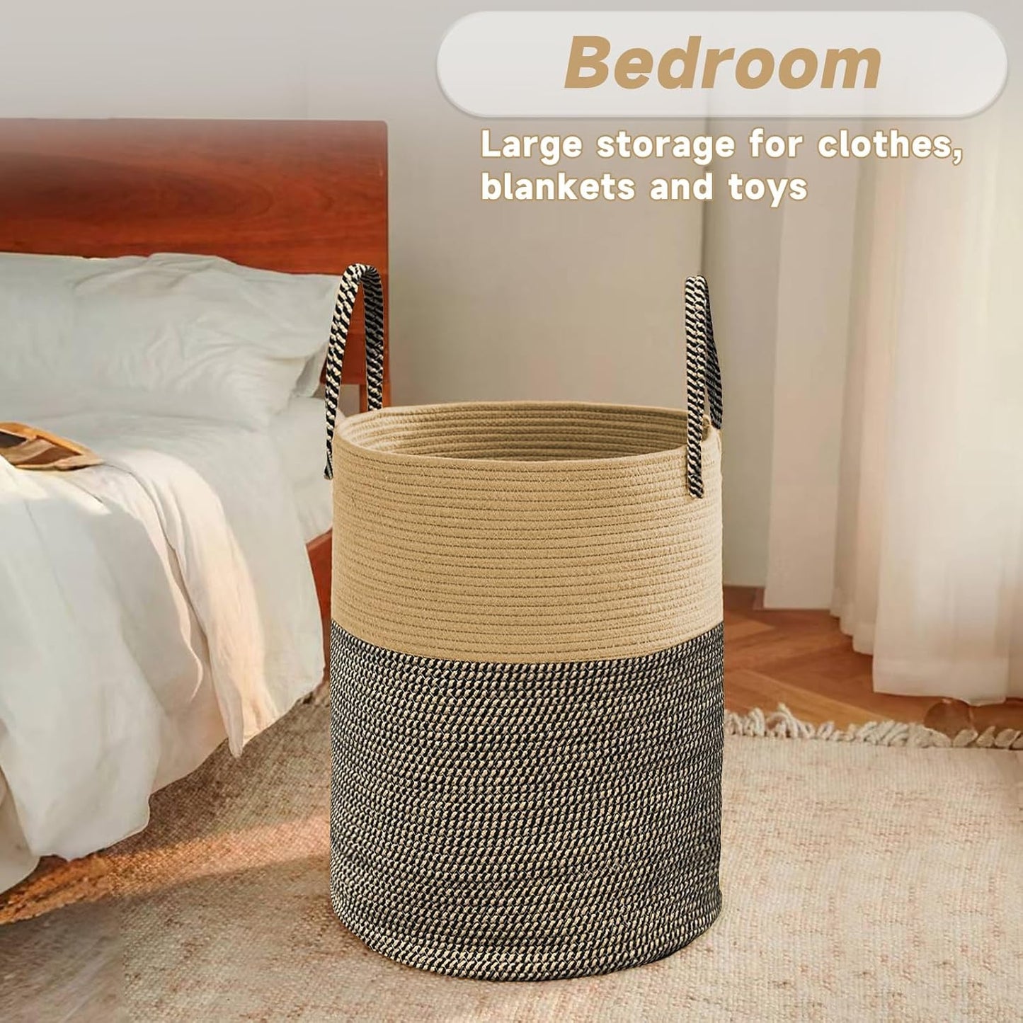Large Woven Laundry Basket Hamper,60L Cotton Rope Storage Bin for Blankets,Toys and Clothes,Decorative Tall Nursery Hamper for Living Room,Baby Nursery,Bathroom and Bedroom,Brown and Black