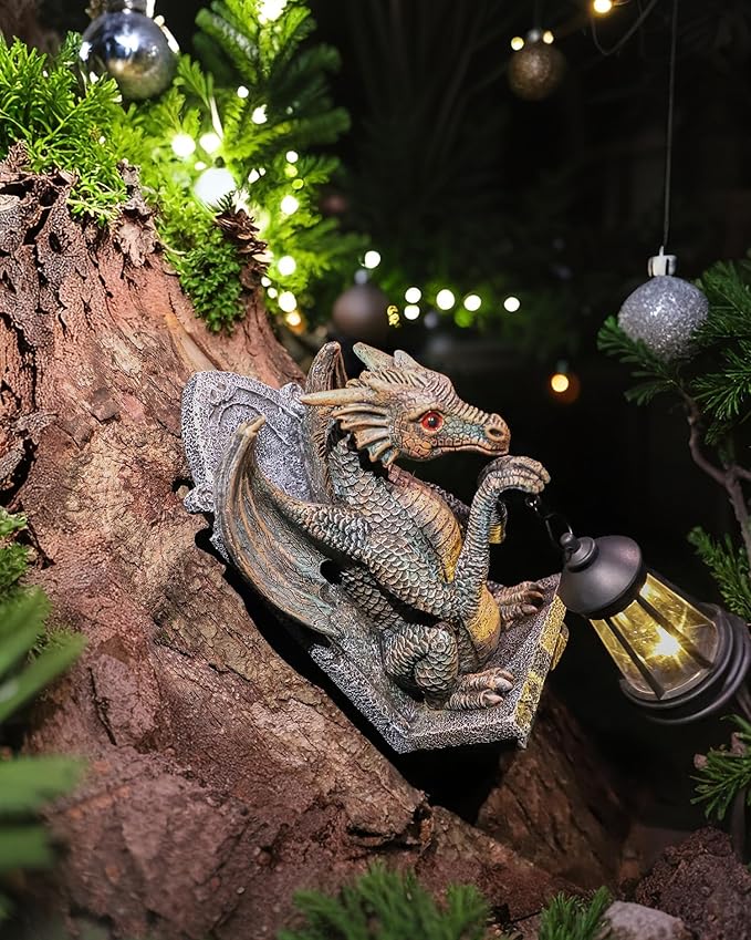 Dragon Statue Solar Lantern for Garden Décor, Dragons Figurine Night Light, 10”Outdoor Decorative Lamp, Mountable on Trees/Walls/Fences. Birthday/Housewarming Gifts for Dragon Fans (Antique Bronze)