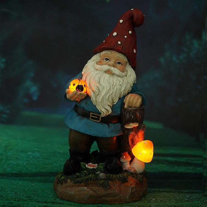 Topadorn Garden Gnome Statue LED Light Solar Energy Gnome Figurine with Ladybug on Hand Mushroom for House, Lawn Decor 11 Inch