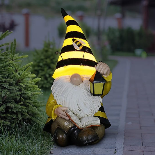 Exhart Solar Beekeeper Garden Gnome Statue, LED Hat, Lantern,Hand Painted Cute Yard Décor, 5.5" x9.5”