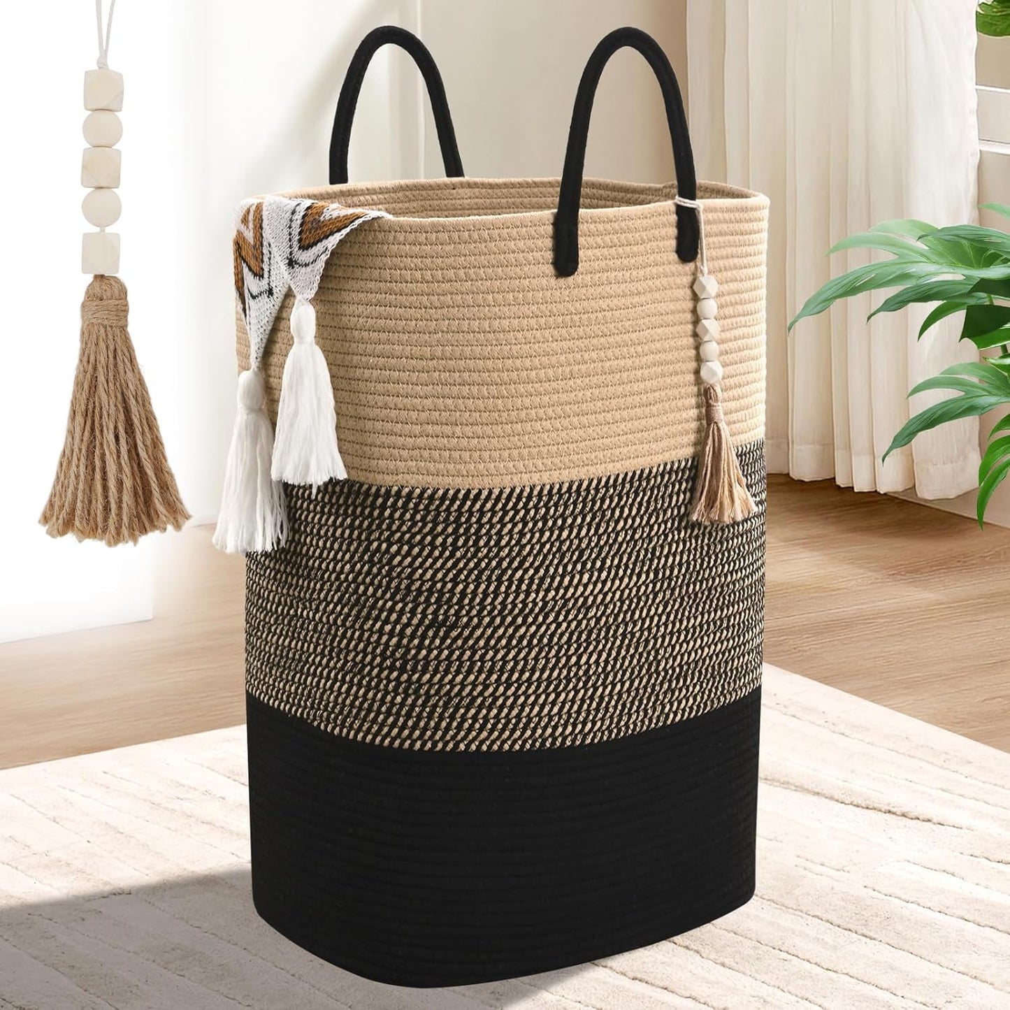 Woven Laundry Basket for Clothes, 50 L Large Rectangle Laundry Hampers with Beads Tassel, Nursery Storage Basket for Toys, Tall Dirty Clothes Hamper for Bedroom Aesthetic, Laundry Room Organization