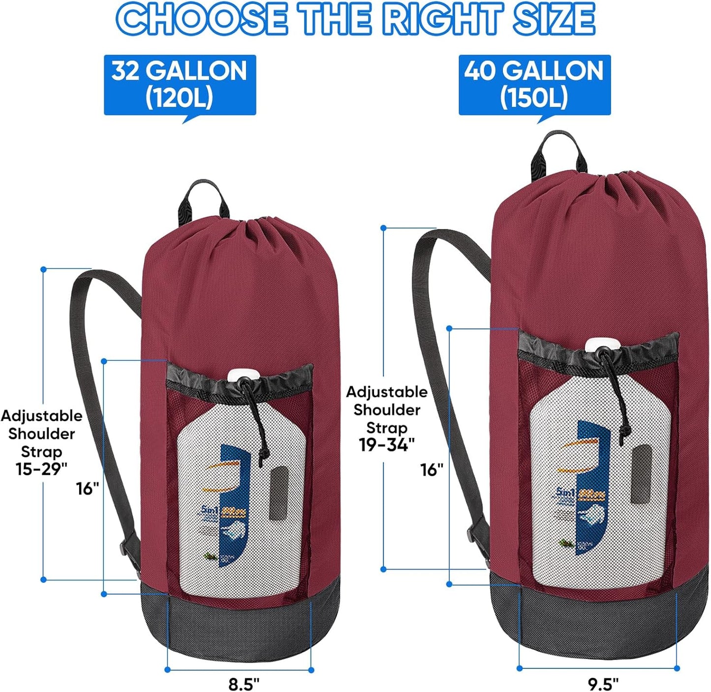 BALEINE 150L Laundry Bag Backpack, 900D Oxford Fabric Large Travel Laundry Bags with Shoulder Straps and 2 Mesh Pockets for College Dorm, Apartment, Laundromat (Red, 150L) ﻿